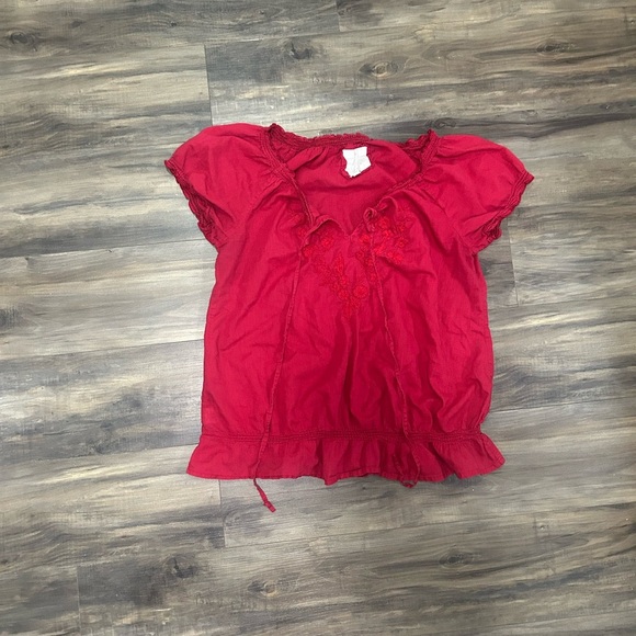 None Tops - 💗Vibrant Red Smocked Blouse with Embroided Flowers